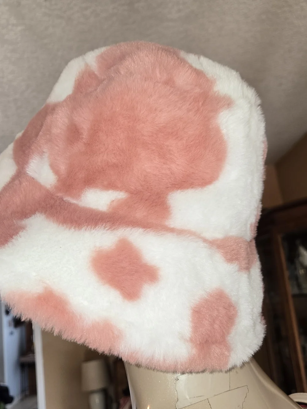 Pink White Cow Print Faux Fur Bucket Hat Plush Y2K Festival